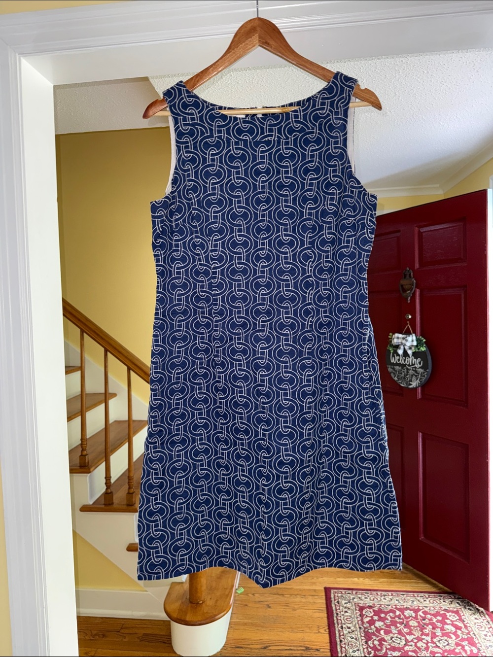 Talbots Navy and White Geometric Sleeveless Shift Dress